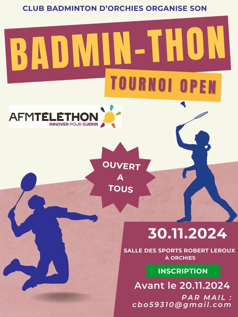 Le club de badminton d'Orchies organise son badminton tournoi open le 30 novembre. Ouvert à tous. Salle des sports Robert Leroux. Inscription avant le 20 novembre par mail à cbo59310@gmail.com